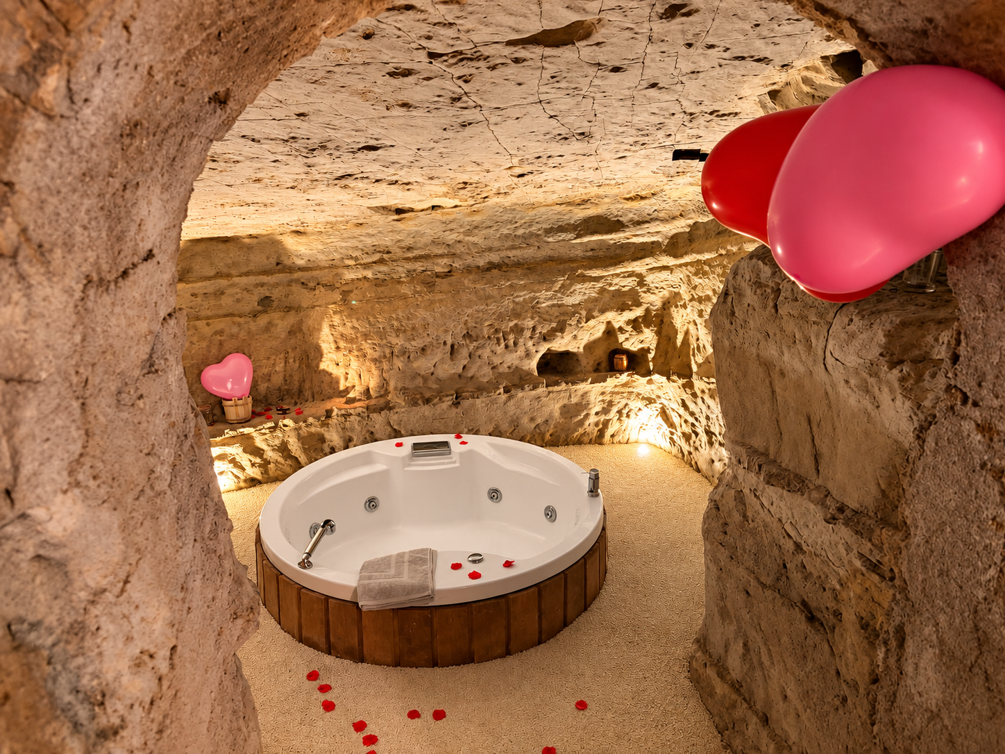 Natural tuff cave with tub, petals and heart balloons